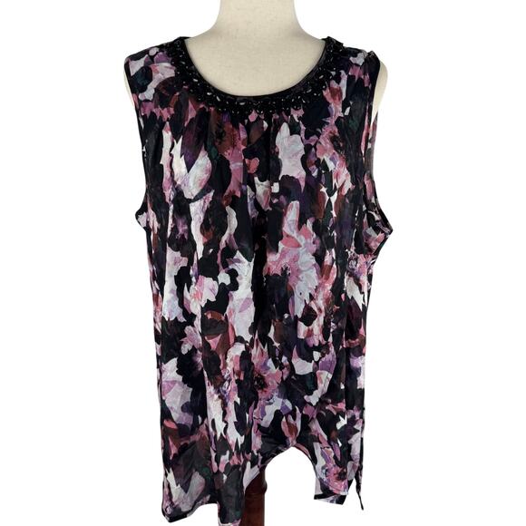 CABLE & GAUGE ABSTRACT EMBELLISHED SLEEVELESS BLOUSE IN PINK BLACK NWOT SIZE XL‎ - Picture 1 of 14